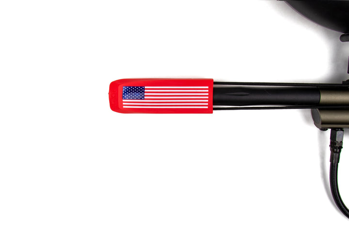 red American flag paintball barrel cover on barrel