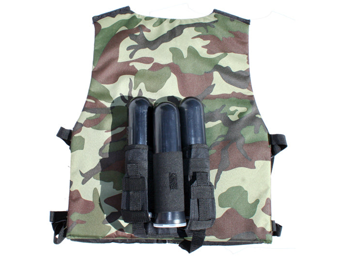 green camo print reversible paintball tactical vest back view