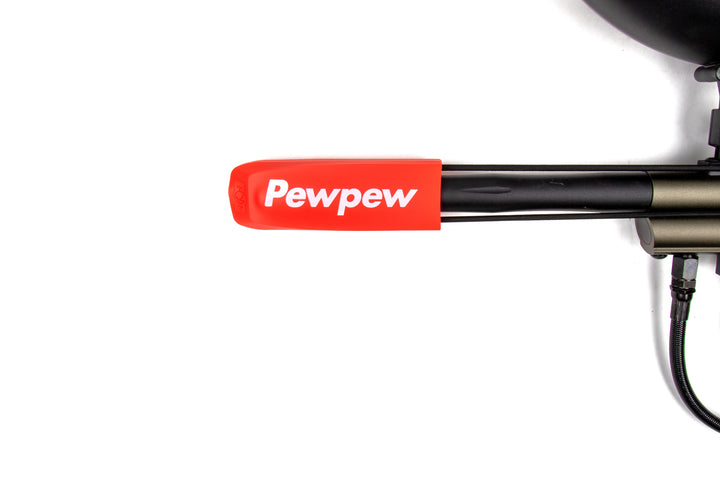 red pew pew paintball barrel cover on barrel