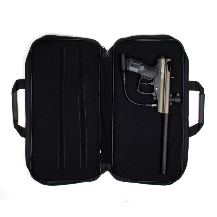 black standard gun case with paintball marker inside